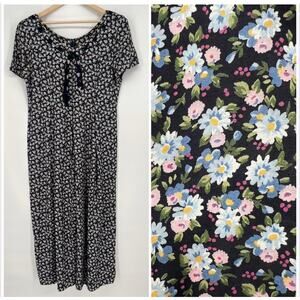 Vtg 90s Robbie Bee Ditsy Floral Jumpsuit Womens 16 Navy Multicolored Wide Leg